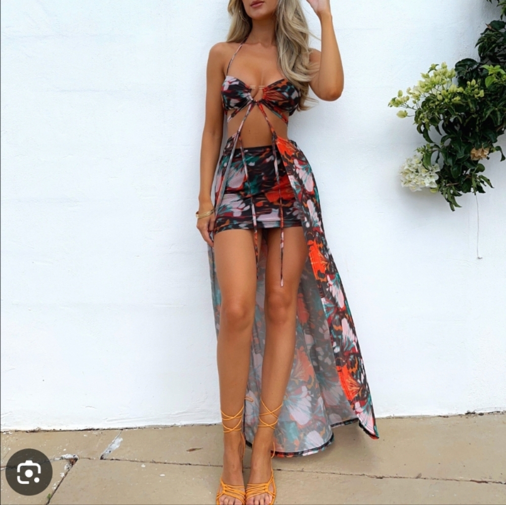 MATCHING SET Outcast Lalana Mesh Halter Cape Top Mini Skirt
